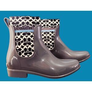COACH Rivington Women’s 8 Rain Boots Heather Grey Signature Knit Logo Boots NEW